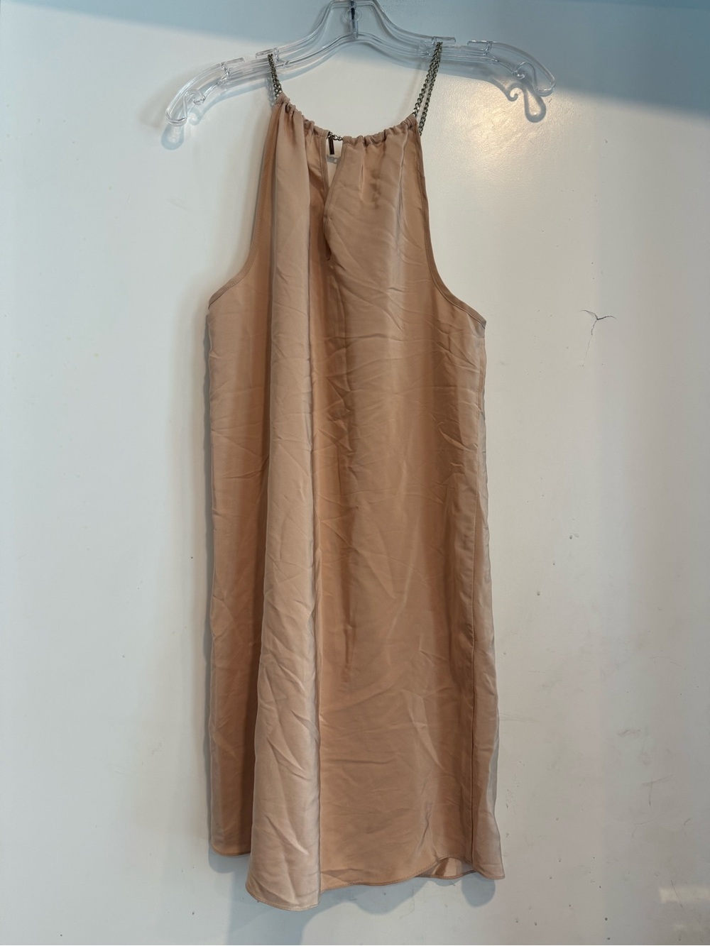 Amanda Uprichard 100% Silk Gold Chain Halter Mini Dress Beige Nude Petite - Picture 3 of 5
